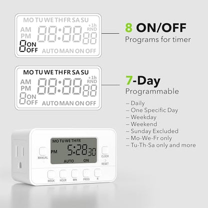 BN-LINK 7-Day Heavy Duty Digital Timer with Dual Outlet, LCD Display, 3-Prong Programmable Design, for Lights, Fans, Coffee Machine, Home, Kitchen, Office, Indoor Use, 125V 15A 1875W, 1 Pack - color: 7 Day,2 Outlet, 1-pack