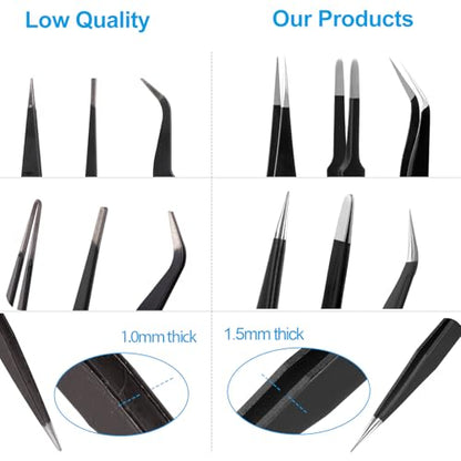 YHYZ 9PCS Precision Tweezers Set, Upgraded Anti-Static Stainless Steel Precise Tweezers (Fine, Curved, Flat), Perfect for Craft, Electronic, Soldering, Model, Hobby, Jewelry Making, Laboratory - style: 9pcs with case, V2