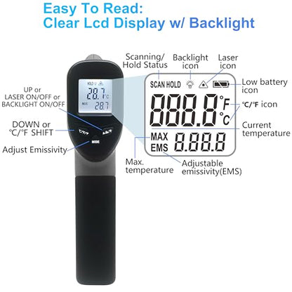 hito Infrared Thermometer Gun Laser Temperature Gun -58°F to 1112°F, Temp Gun for Pizza Oven, Cooking, Refrigerator, Pool, Reptiles, Air Conditioner, for Surface Temperature of Meat, Food, Liquid