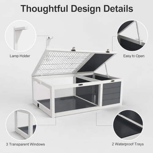 39" Wooden Reptile Habitat Tortoise House with Lamp Holder, Clear View Window & 2 Waterproof Trays, Detachable Legs Indoor Outdoor Enclosure for Turtles Lizards Geckos Small Pets (No Legs) - size: No Legs