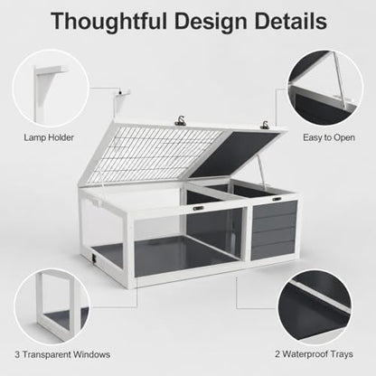 39" Wooden Reptile Habitat Tortoise House with Lamp Holder, Clear View Window & 2 Waterproof Trays, Detachable Legs Indoor Outdoor Enclosure for Turtles Lizards Geckos Small Pets (No Legs) - size: No Legs