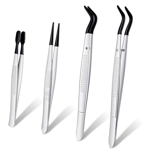 Zelphvt 4 PCS Tweezers with Rubber Tips Rubber Tipped Tweezers Set PVC Coated Long Bent & Flat &Straight Tip Tweezer for Crafting Stamps Beads Jewelry Tools