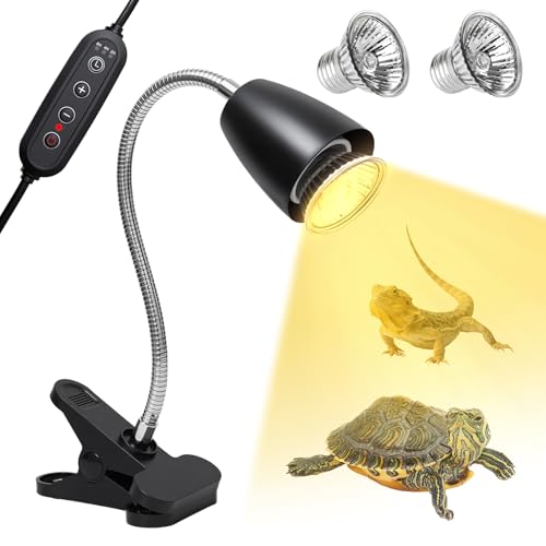 Reptile Heat Lamp with 2Pcs 50W UVA UVB Bulb, Turtle Heater Light with 360 Rotatable Basking Light with Clamp and Cycle Timer for Turtle Lizard Snake Amphibians