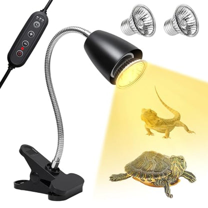 Reptile Heat Lamp with 2Pcs 50W UVA UVB Bulb, Turtle Heater Light with 360 Rotatable Basking Light with Clamp and Cycle Timer for Turtle Lizard Snake Amphibians