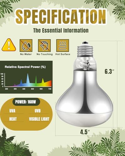 Heat Lamp Bulbs, 160 Watts UVA UVB Reptile Heat Bulb, 2 Pack | Full Spectrum, Basking Spot Light, Simulate Natural Sun Light, For Reptile and Amphibian, Silver