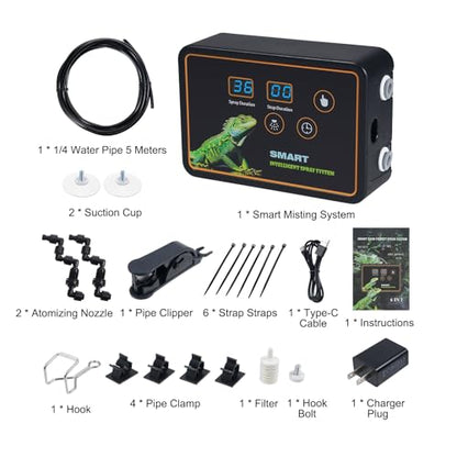 Reptile Smart Misting System Intelligent Spray System 2pcs Spray Nozzles 360 ° Adjustment Hook or Suction Cup Install Timed Spray for Tank Lizard, Chameleon, Snake, Turtle, Frog, Plant