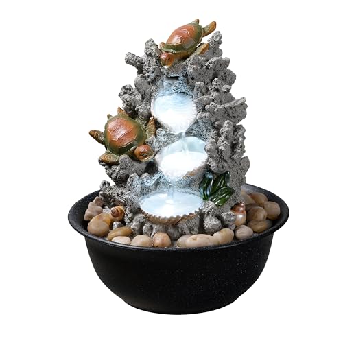 Indoor Tabletop Turtle Water Fountain with LED Light – Coastal Sea Life Desk Waterfall Feature with Soothing Sounds and River Rocks, Ocean Zen Decor for Home Office - color: Brown-turtle