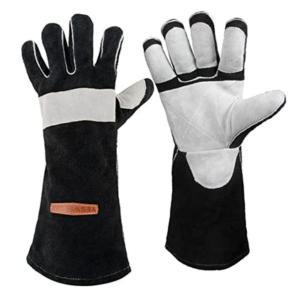 YESWELDER 16 Inches,932℉,Leather Forge MIG Welding Gloves, with Kevlar Stitching Heat/Fire Resistant, Palm Reinforcements, Black-Gray - size: Small, style: Reinforced Palms and Fingers Black White