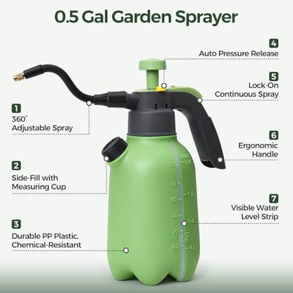 T4U 1/2 Gallon Pump Sprayer with Flexible Adjustable Nozzle, PP Hand Pump Pressure Sprayer with Built-in Measuring Cup for Home Garden Plant Care and Household Cleaning, Indoor & Outdoor Use - size: Flexible Nozzle