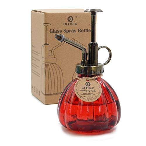 OFFIDIX Plant Glass Spray Bottle,Flower Mister Indoor Plant Watering Can Pot 6.3" Tall Vintage Pumpkin Style with Bronze Plastic Top Pump One Hand Small Watering Cans for House Plants(Red) - color: E-Red