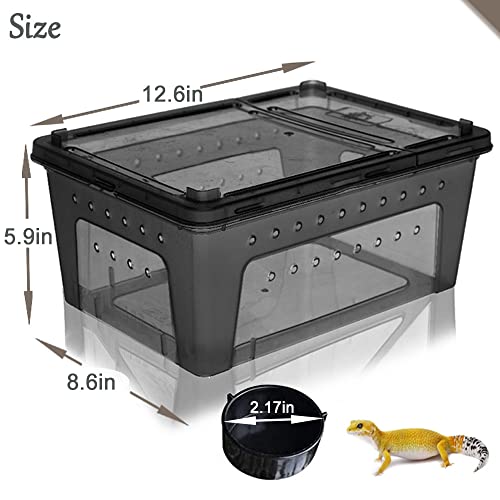 Hamiledyi 2PCS Reptile Feeding Box & Hide Box Black, Reptile Habitat with Sink Humidifier for Snakes, Leopard Spiders, Turtles