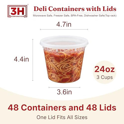 24oz Deli Containers with Lids (48 Set/96 Pcs) Food Storage Containers, Freezer Microwave Safe, BPA-Free Plastic, Stackable Snack Airtight Soup Leakproof Leftover Organizers & To-Go - size: 24 oz - 48 Sets