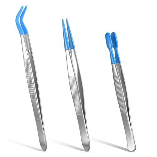 3PCS Rubber Tipped Tweezers, Blue Silicone Craft Tweezers Kit for Jewelry-Making Sticker Stamps, Metal Precision Tweezers for Crafting & Stamp Collecting Supplies