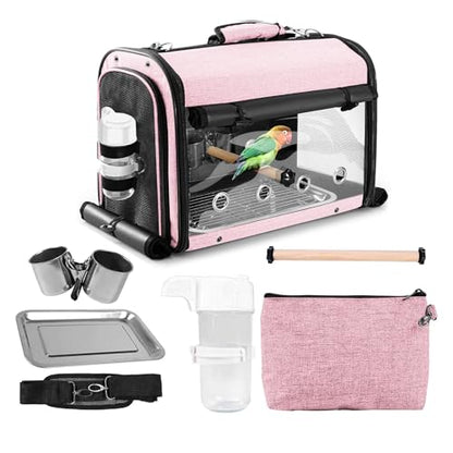 Bird Carrier Bag Bird Travel Cage with Stand, Lightweight Backpack for Parrot, Portable Bird Travel Bag, Pet Transparent Breathable Travel Cage, Pink - size: Large-Pink
