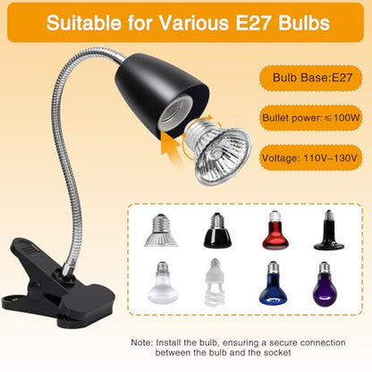 Reptile Heat Lamp with 2Pcs 50W UVA UVB Bulb, Turtle Heater Light with 360 Rotatable Basking Light with Clamp and Cycle Timer for Turtle Lizard Snake Amphibians