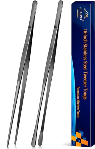 JETKONG 2 Pcs 16-Inch Kitchen Tweezers Tongs with Precision Serrated Tips, Stainless Steel Chef Tweezer Professional Cooking Tweezers for BBQ, Plating and Serving (16-Inch, Black) - color: Black, size: 16+16inch