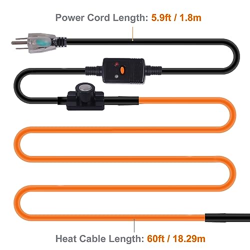 60FT Heat Tape for Water Pipes Freeze Protection IP65 Waterproof 8W/FT 110V BDDFOTO Heat Cable With GFCI Protection and Thermostat,Self-Regulating Pipe Heater for Roof/RV/Water Storage Tank - style: 60 FT