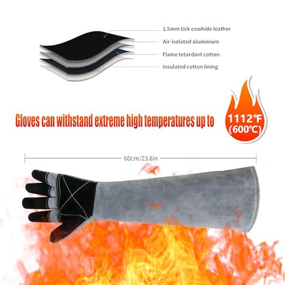 Long Welding Gloves 23.6 Inches 932℉,Heat/Fire Resistant Leather For Mig, Tig, Stick, Forge, BBQ, Grill, Fireplace - color: 23.6in Grey