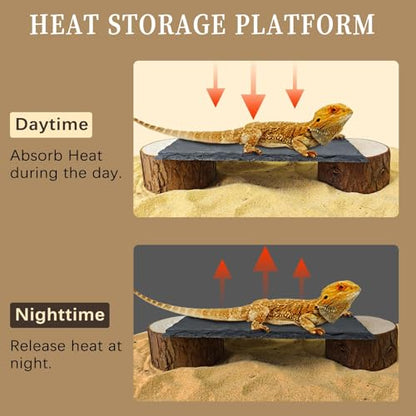 Bearded Dragon Basking Platform,Reptile Basking Platform Slate Rocks with Wooden Pile,Leopard Gecko Hides and Caves Climbing Tank Accessories for Lizards Snakes Tortoise Ball Python(Small)