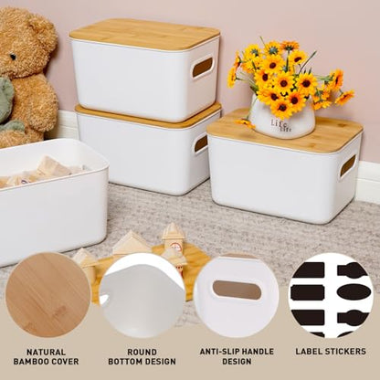 Citylife Storage Bins with Bamboo Lids 7QT Plastic Storage Containers Stackable Organizer Boxes with Handle for Desk Snacks, Toys, 4 PCS, 10" L x 7" W x 5.8" H - size: Small, style: 4 Pack