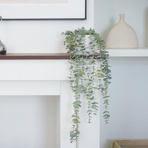 Faux Ivy Eucalyptus Vine Fake Hanging Plants in White Pot, Medium | Decorative Hanging Plants, Fake Greenery, For Shelf - size: Medium