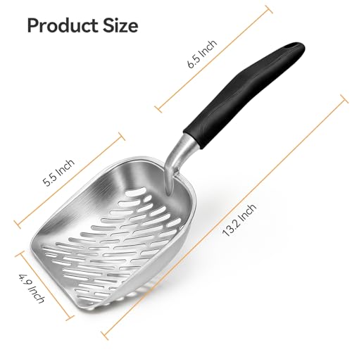 Cat Litter Scoop, Large Long Handle Kitty Metal Scooper, Heavy Duty Aluminum Deep Sifter, Ergonomic Non-Slip Grip, Rustproof Durable Poop Cleaner for Cat Litter Box - color: Black, size: Large