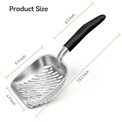 Cat Litter Scoop, Large Long Handle Kitty Metal Scooper, Heavy Duty Aluminum Deep Sifter, Ergonomic Non-Slip Grip, Rustproof Durable Poop Cleaner for Cat Litter Box - color: Black, size: Large