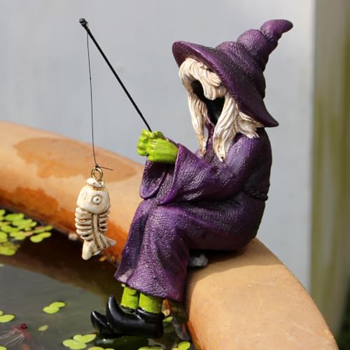 Fishing Witch Statue Funny Halloween Decorations, 4.7 Inch Sitting Witch Figurine Shelf Sitter Resin Sculpture for Outdoor Garden Yard Lawn Pond Waterfalls Pool Ornaments - color: Witch