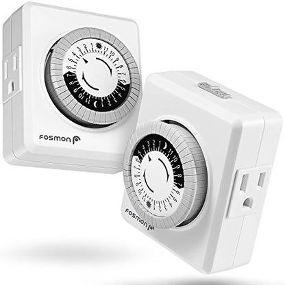 Fosmon Outlet Timers for Electrical Outlets, 24-Hour Dual Plug in Light Timers Programmable Indoor, Heavy Duty Electric Wall Plugs for Reptile, Grow Light, Grounded, 3 Prong/15A/1875W-2 Pack - style: 24 hour Mechanical timer 2 pack