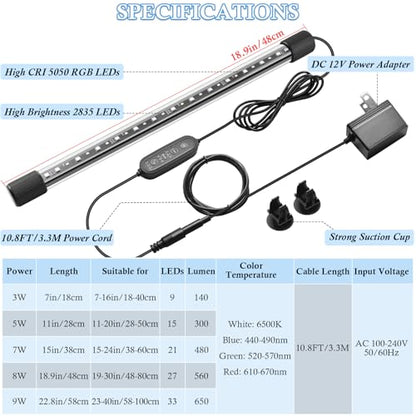 FEDOUR 18.9in Submersible Aquarium LED Light, 24/7 Mode Aquarium Lights with Full Spectrum RGBW LEDs, IP68 Waterproof Fish Tank Light with Dimming, Timming and Color Adjustable - style: 18.9inch