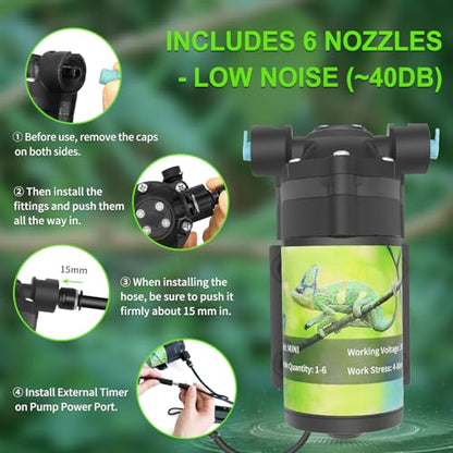 Reptile Misting System with Timer, 6 Adjustable-Joint Nozzles, Self-Priming Pump, Quiet Fine Mist for Chameleons, Geckos, Frogs & Terrariums