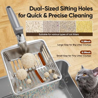 Metal Cat Litter Scoop, Large Cat Scooper with Deep Shovel & Dual Sifting Holes for Fast & Precise Sifting, Space Aluminum Kitty Litter Scooper with Long Handle & Easy-to-Hang Hook - Grey - color: Grey