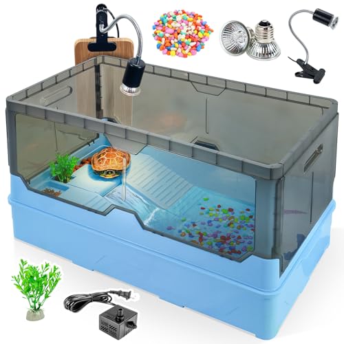 RunDuck Turtle Habitat Tank Kit– Fresh Filtration, Waterplay Fun, Diverse Living, Heat Lamp, Water Pump and Convenient Water Changes in Tanks Habitat Kits Turtle cage Blue,Large - color: Blue, size: Large