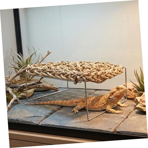 Happyyami Bearded Dragon Lounger and Reptile Hammock Bed with Natural Seagrass Mat, Metal Leg Climbing Platform for Terrarium Basking, Suitable for Leopard Gecko and Lizard Habitat