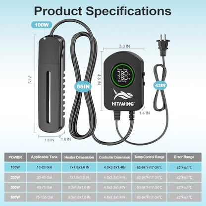 HiTauing Aquarium Heater, 100W/200W/300W/500W Fish Tank Heater with Upgraded LED Large Display, Up/Down Control Buttons and Intelligent Leaving Water Automatic Power-Off for Saltwater and Freshwater - size: 100W for 10-20 Gallon