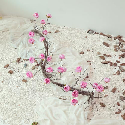 1PCS 300cm/118inch Large Flexible Artificial Tree Fall Vines Twine Wood Branches with Peony Flowers Garland Twig Reptile Climbing Fake Plants for Wedding Arch Christmas Wall Door Hanging Decoration