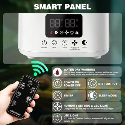 COOSPIDER Reptile Fogger Humidifier, Automatic Humidifiers, Terrarium Humidifiers with Timer Humidity Control, Reptile Mister for Reptiles Amphibians Herps Vivarium (White, 5L/1.32GAL) - color: White