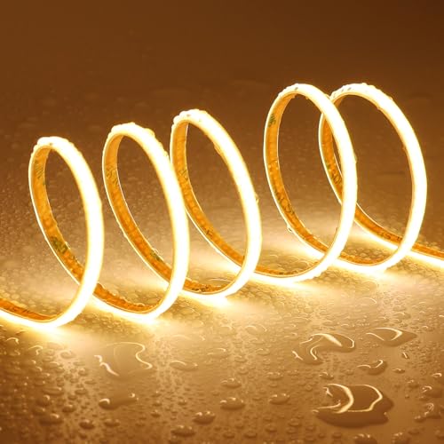 TOPAI 12V Thin 5mm COB LED Strip Waterproof 3000K Warm White 16.4ft Bright 4000Lm CRI>90 Uniform Dotless 400LEDs/M Self Adhesive Flexible Cuttable for DIY, Bedroom, Under Cabinet Lighting - color: Warm White 3000K