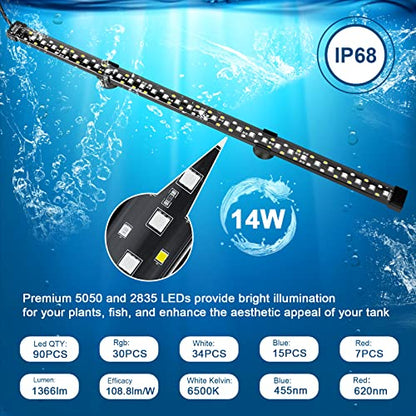 hygger 24/7 Mode Submersible Aquarium LED Light, Full Spectrum Hidden Fish Tank Light with 3 Rows Beads 7 Colors Auto On Off Sunrise-Daylight-Moonlight, Adjustable Timer Brightness - size: 23.4in 14W