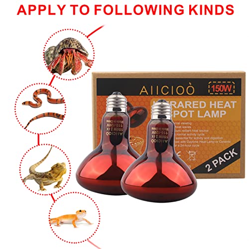 Aiicioo Reptile Red Night Light Bulb - 150W Reptile Heat Lamp Bulb Infrared Basking Spot Lamp for Bearded Dragon Lizard Turtle Hermit Crab Leopard Gecko Snake Chameleon Tank - color: ['Red'], size: ['150W']