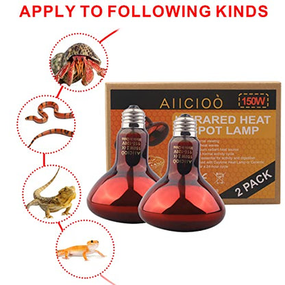 Aiicioo Reptile Red Night Light Bulb - 150W Reptile Heat Lamp Bulb Infrared Basking Spot Lamp for Bearded Dragon Lizard Turtle Hermit Crab Leopard Gecko Snake Chameleon Tank - color: ['Red'], size: ['150W']