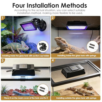 Adjustable UVB Reptile Light, UVB 1.0-10.0 Dimmable LED, Inside-Tank Suction Cup Mount, Auto Timer 4/8/12H, 100-240V, for Lizards Turtles Snakes Bearded Dragons Amphibians