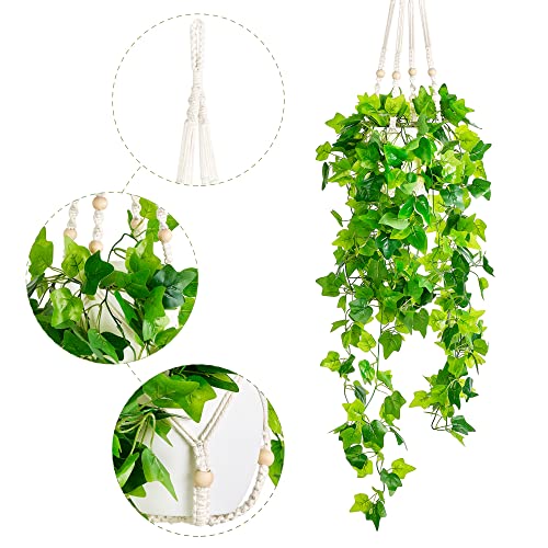 Dahey Fake Hanging Plants Artificial Decor Macrame Hanger with Artificial Vines in Pots Greenery for Wall Ceiling Bedroom Bathroom Indoor Home Decor, 1 Pack