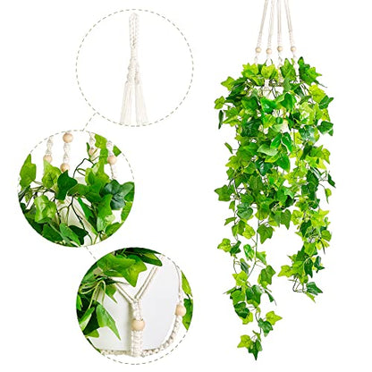 Dahey Fake Hanging Plants Artificial Decor Macrame Hanger with Artificial Vines in Pots Greenery for Wall Ceiling Bedroom Bathroom Indoor Home Decor, 1 Pack