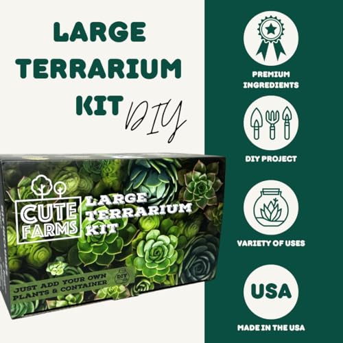 Cute Farms Terrarium Starter Kit | Moss, Vermiculite, Soil, Pebbles, Plant Food, & Finishing Tools (Large Kit + Crystals) - size: Large Kit + Crystals