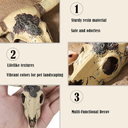 Resin Bull Skull Hideout for Terrarium Small Reptile Hide and Cave for Bearded Dragon Snake Tarantula Decorative Cattle Skeleton Decor for Tank Fish Aquarium