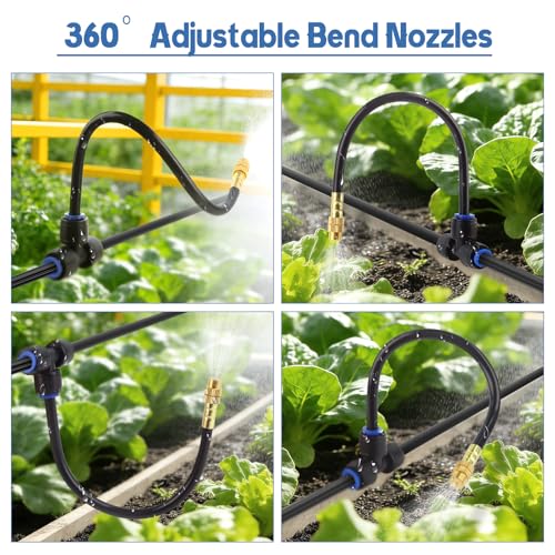 Kalolary 100Ft Misting Cooling System with 360°Adjustable Nozzles,Misters for Outside Patio with 100FT Misting Line& 25pcs Brass Mist Nozzles Outdoor Mister for Garden Greenhouse Plant Drip Irrigation - size: 100FT with Adjustable Brass Spray Nozzles