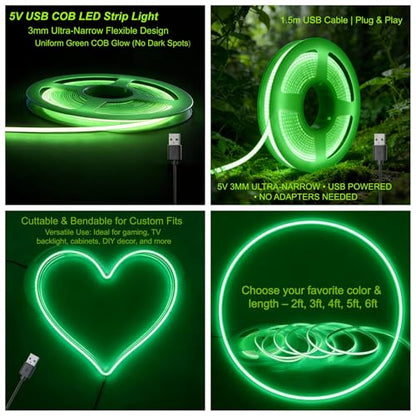 Ultra-Narrow 3mm USB-C COB LED Strip Lights Self-Adhesive, for Kitchen Cabinets, Bedroom, Gaming Desk (Green, 4ft) - color: Green, size: 4ft