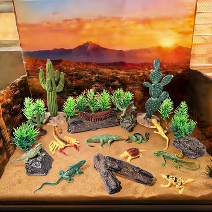 32Pcs Desert Reptiles Animals Figures Toys School Projects Diorama Kit Lizard Snake Cactus Plants Rock Playset for Kids Toddlers Cake Toppers Birthday Party Favor Decorations - style: Reptiles