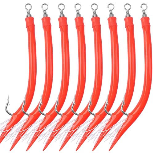 Striped Bass Tube Lures, Trolling Tube Fishing Lures Saltwater Cod Rig Tube Teasers with Stanless Steel J Hooks Swivel for Offshore Trolling Striper Bass Cod Big Game Fishing - color: RED, size: 7/0-8PCS